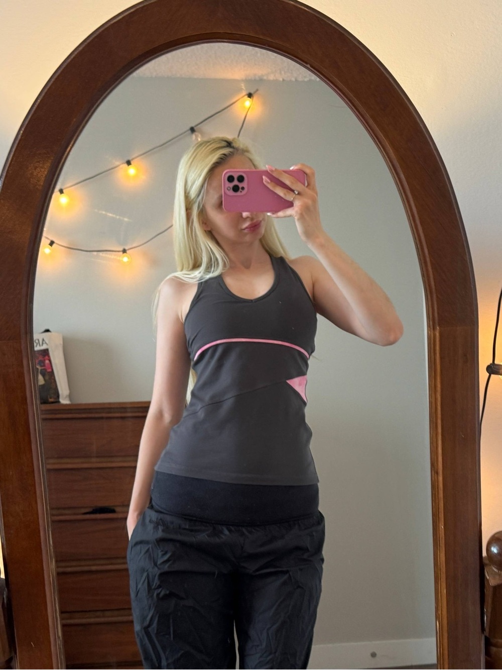 Y2K Yoga style Gray  Racerback Tank with Pink line